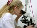 Scientist examining specimens through a microscope.
