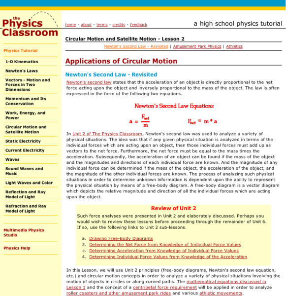 Applied Math And Science Education Repository Physics Classroom Applications Of Circular Motion